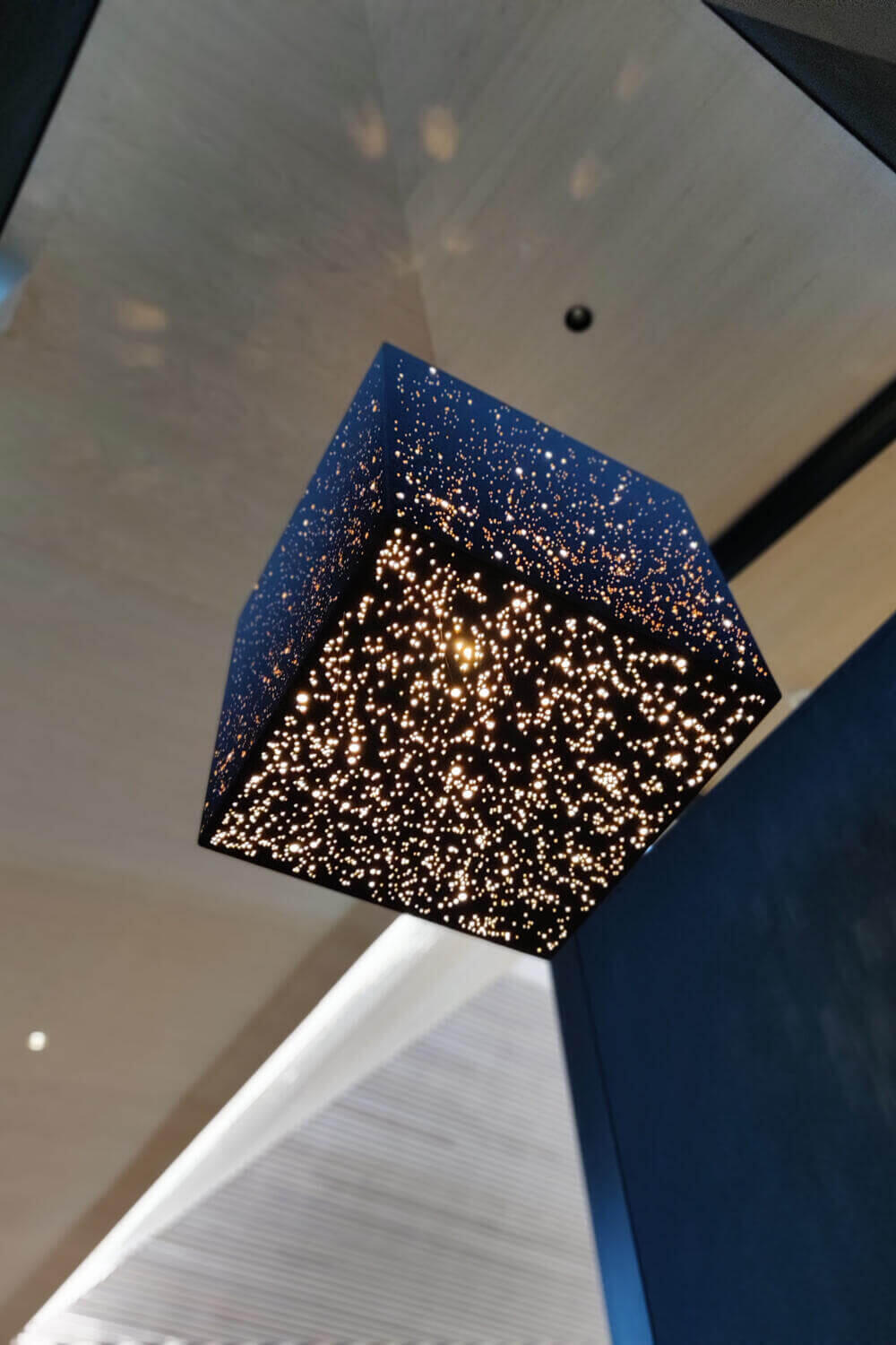 Bespoke - Geometric - Cube - Ceiling - Pendant - Light Modern bespoke cube pendant ceiling light fixture featuring intricate starry pinholes that cast a glowing pattern. Made by Fundi Joinery in Scotland